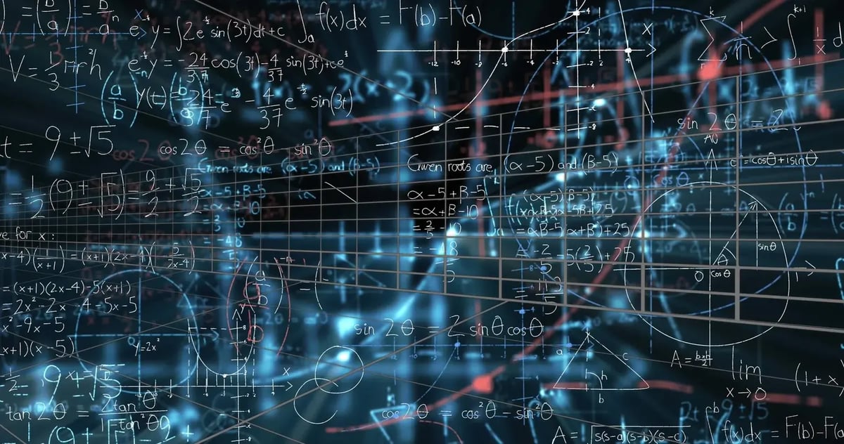 Mathematical formulas and curves glowing over a dark grid