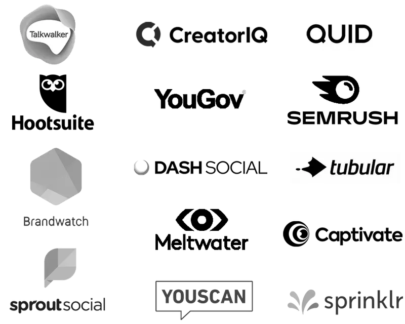 Platforms Tellagence works with: Talkwalker, CreatorIQ, Quid, Hootsuite, YouGov, Semrush, Brandwatch, Dash Social, Tubular, Meltwater, Captivate, Sprout Social, YouScan and Sprinklr
