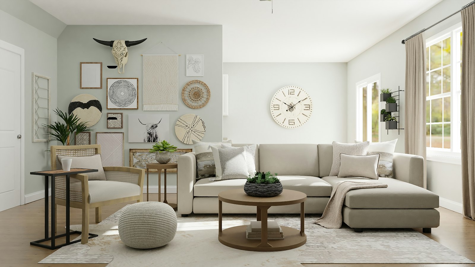A styled living room with a round wooden table and chairs, for a Pulse Report on the Lovesac and Deric Cahill backlash